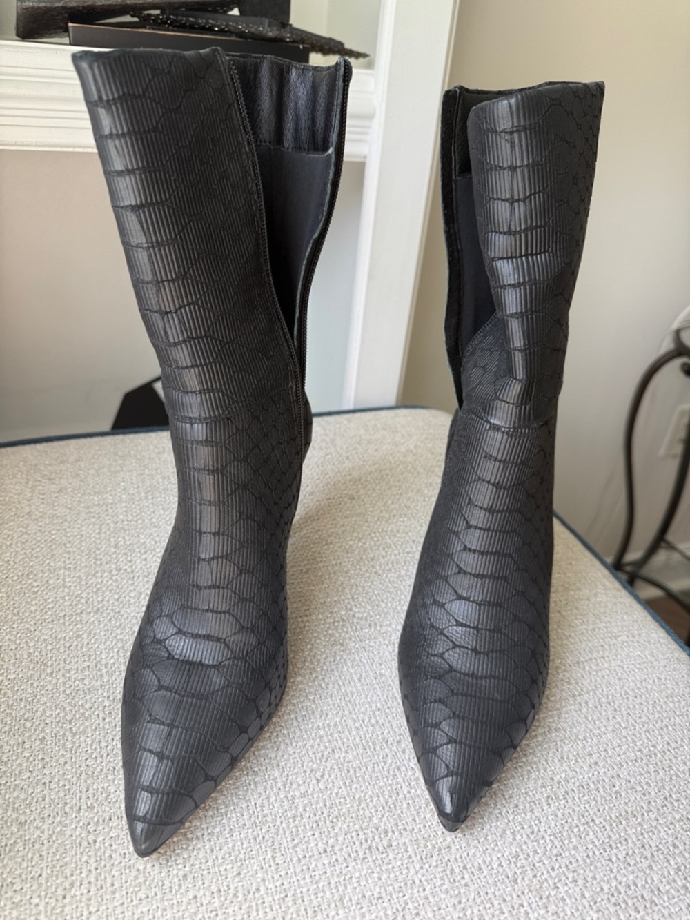 Matisse Black Croc-Embossed Pointed Toe Mid-Calf Boots